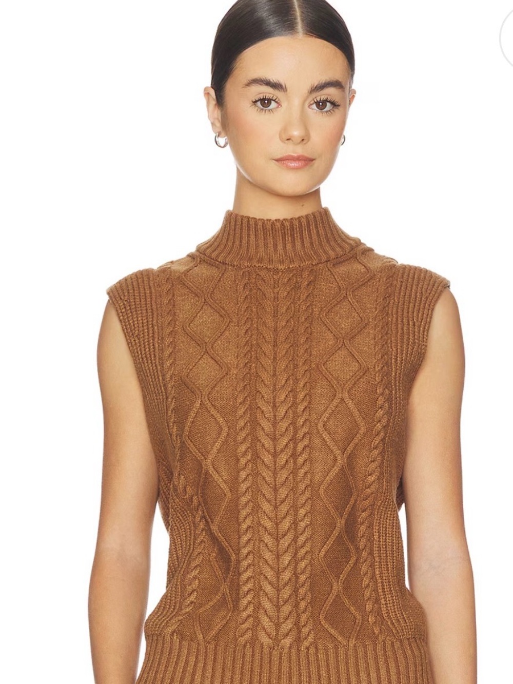 Varley Joilette Roll Neck Sleeveless Cable Knit Sweater Vest  - Caramel Pecan SM